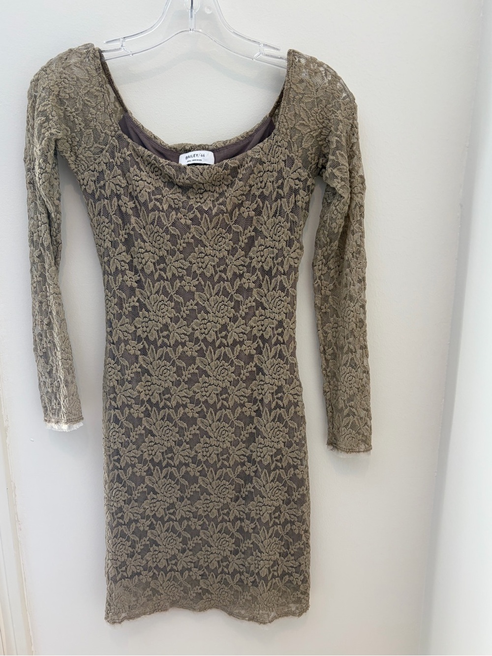 Bailey 44 Taupe Lace Long Sleeve Bodycon Dress